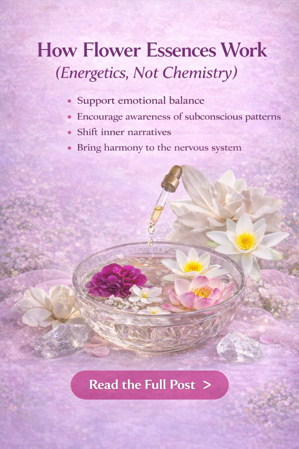 Illustrated flower essence setup showing dropper bottle, flowers, and soft energetic aesthetic.