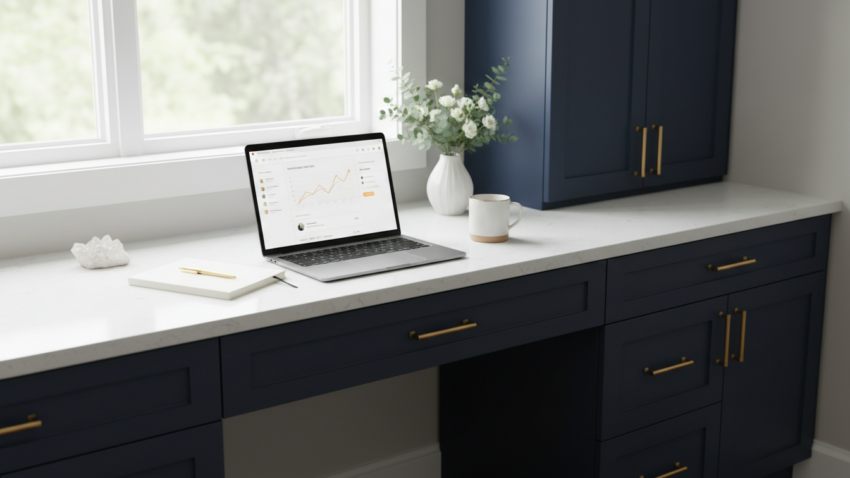 Modern home office workspace with laptop showing traffic growth, representing how SEO blog posts compound organic traffic over time