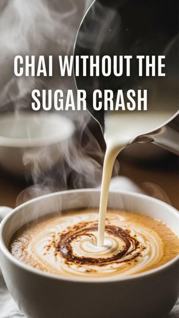 Finished low-carb chai latte in a ceramic mug topped with cinnamon, styled on a wooden surface with a cozy café aesthetic.