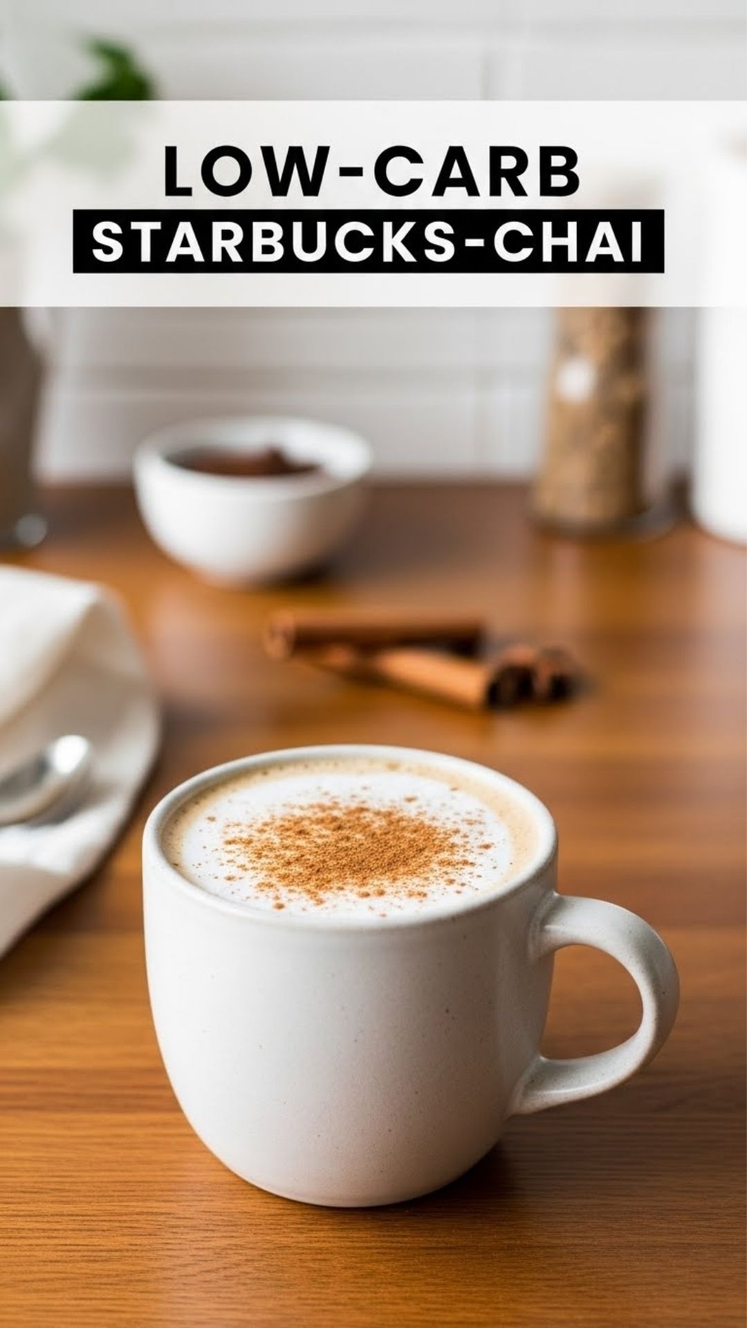 Low-carb Starbucks-style chai latte in a ceramic mug topped with cinnamon, styled on a wooden table with a cozy café aesthetic.