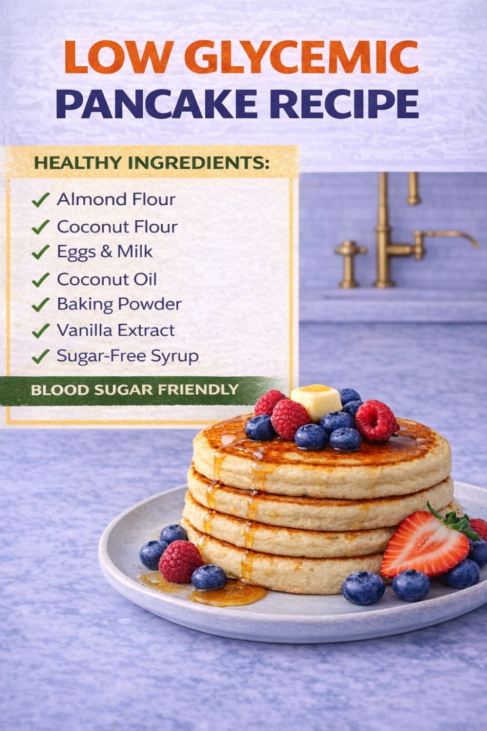 Low glycemic pancake ingredients including almond flour, coconut flour, eggs, milk, and vanilla on a marble surface.