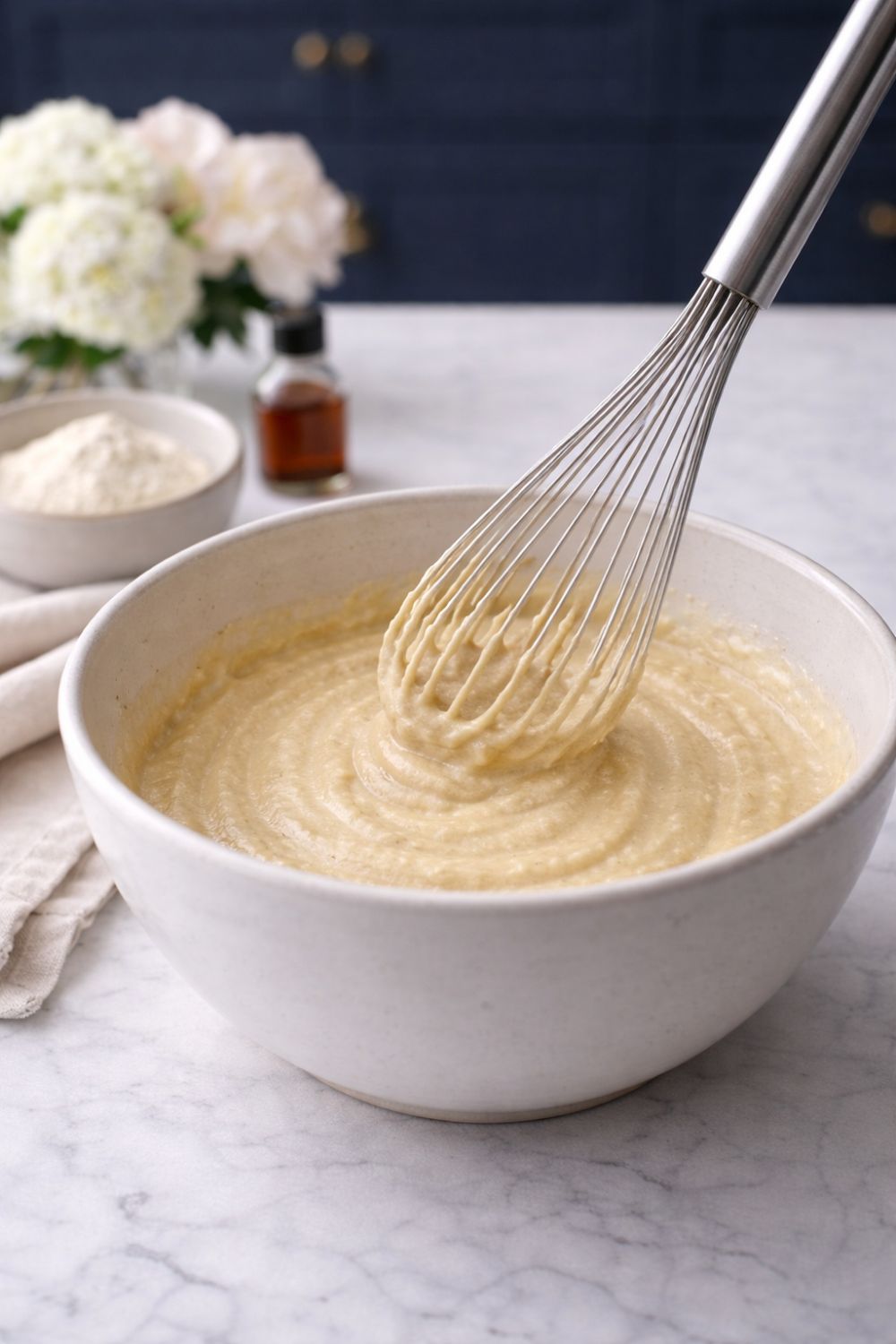 bowl of low carb pancake batter on the kitchen counter