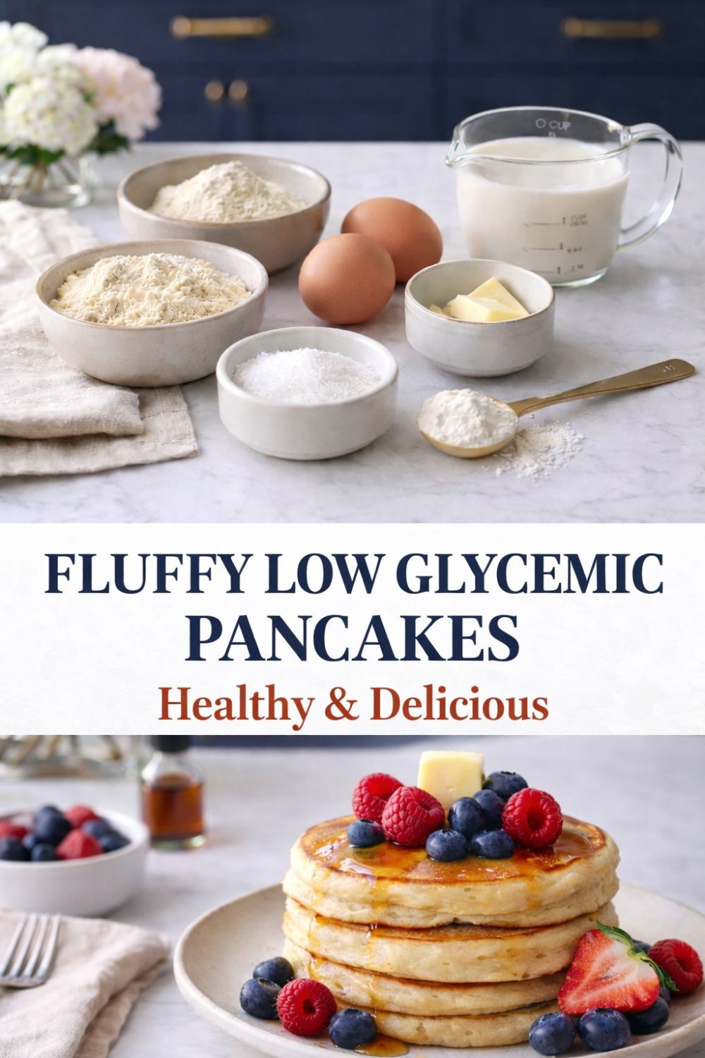 ancake batter ingredients including milk, eggs, and flour alternatives. Finished stack of low carb pancakes with butter, beries and maple syrup
