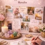 Vision board aesthetic with crystals, candles, affirmations, and journal designed to support manifestation results, clarity, and aligned intention setting.