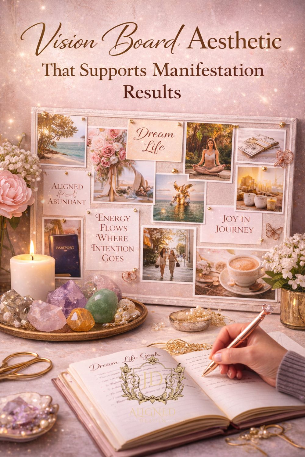 Vision board aesthetic with crystals, candles, affirmations, and journal designed to support manifestation results, clarity, and aligned intention setting.