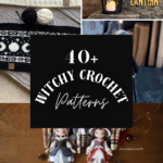 Gothic-inspired witchy crochet patterns collage with dark crochet decor, plush figures, and mystical handmade items