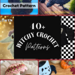 Collection of witchy crochet patterns displayed in a collage with dark, cozy, and magical crochet designs