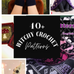 Witchy crochet patterns collage featuring dark crochet decor, plush figures, crochet accessories, and mystical handmade designs
