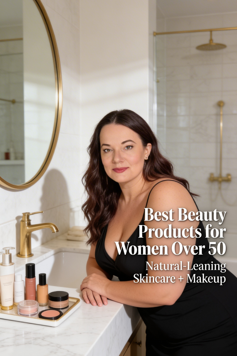 Woman leaning on a bathroom vanity beside a tray of skincare and makeup products with text reading best beauty products for women over 50