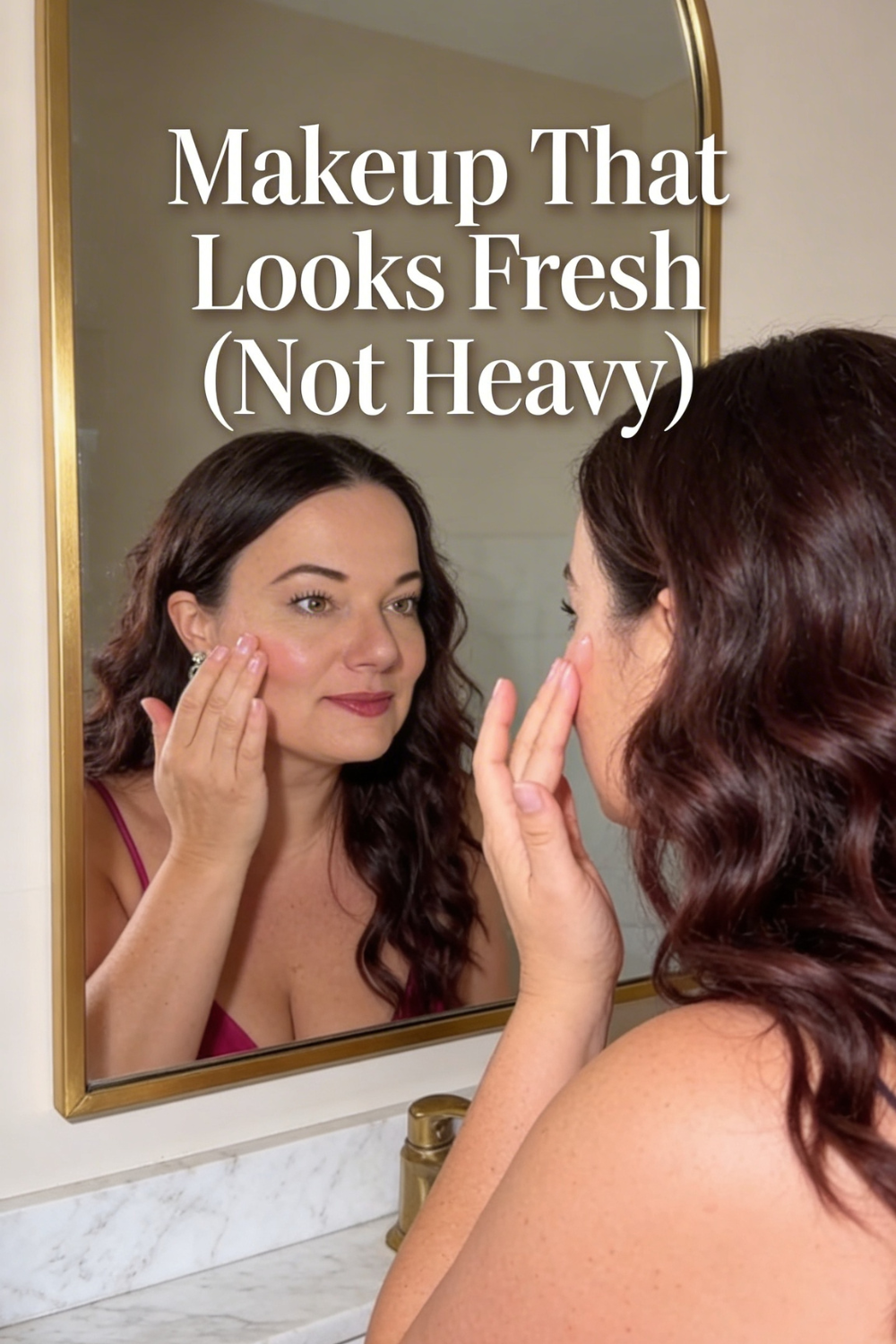 Close-up of a woman at a bathroom mirror touching her cheek while the image text says makeup that looks fresh not heavy.