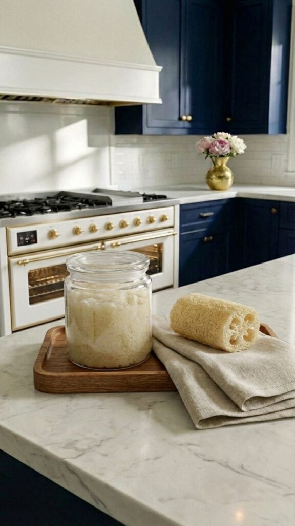 Vanilla sugar scrub jar styled with towel and loofah in a cohesive luxury kitchen setting.