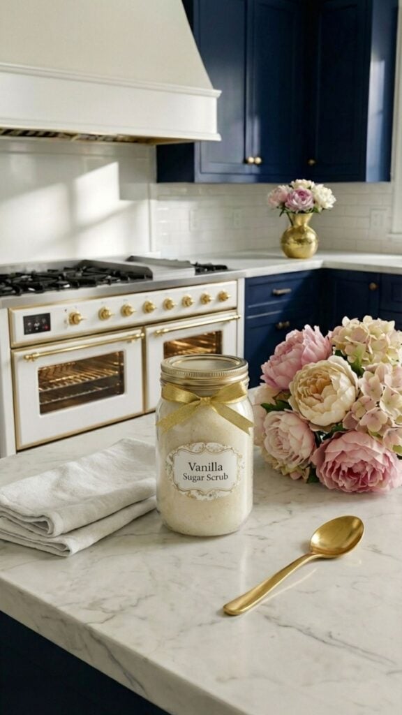 Finished jar of vanilla sugar scrub styled in a dark blue and gold farmhouse kitchen.