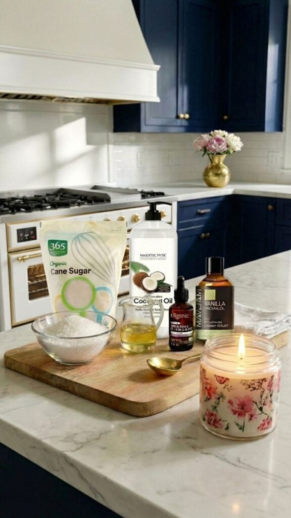 Vanilla sugar scrub ingredients styled on a white quartz counter in a dark blue and gold luxury farmhouse kitchen.