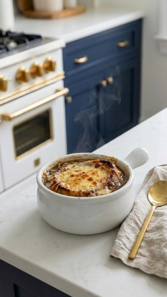 Steaming bowl of onion boil with bone broth topped with melted cheese in a white ramekin on a white quartz countertop with dark blue cabinets and gold hardware in the background.
