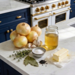 Raw onions, garlic cloves, thyme, bay leaves, butter, salt, pepper, and jar of bone broth arranged on a white quartz kitchen island with dark blue cabinets and gold stove.