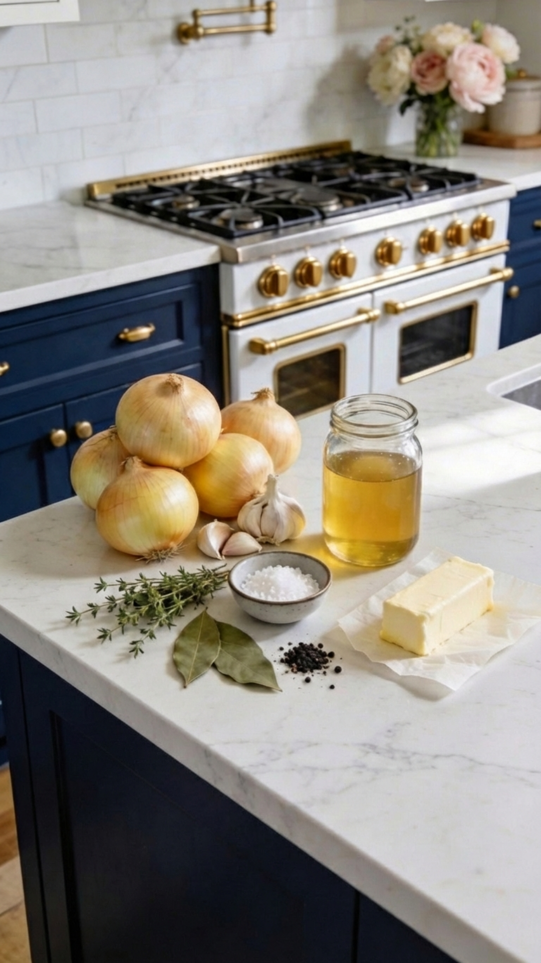 Raw onions, garlic cloves, thyme, bay leaves, butter, salt, pepper, and jar of bone broth arranged on a white quartz kitchen island with dark blue cabinets and gold stove.