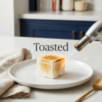 Sugar-free marshmallow lightly toasted with a kitchen torch on a white plate.