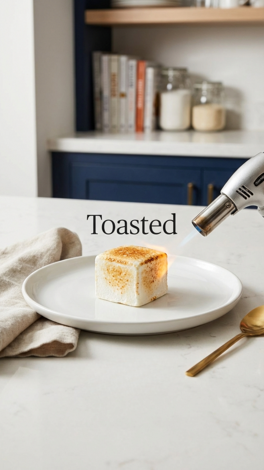 Sugar-free marshmallow lightly toasted with a kitchen torch on a white plate.