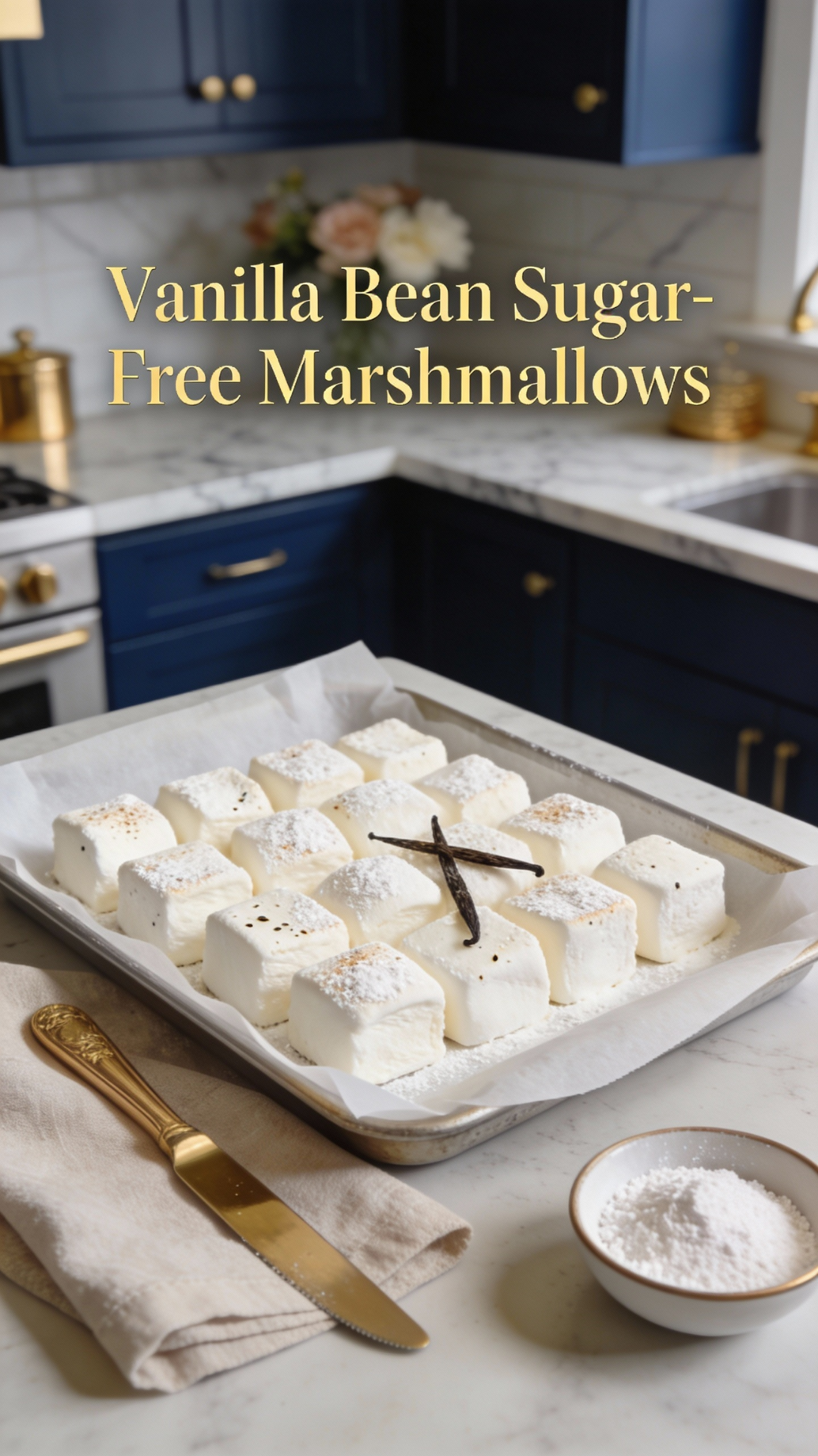 Finished vanilla bean sugar-free marshmallows arranged neatly on parchment paper.