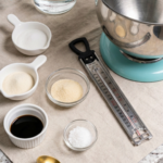 Measured ingredients for sugar-free marshmallows arranged on a kitchen counter with mixing tools and thermometer.