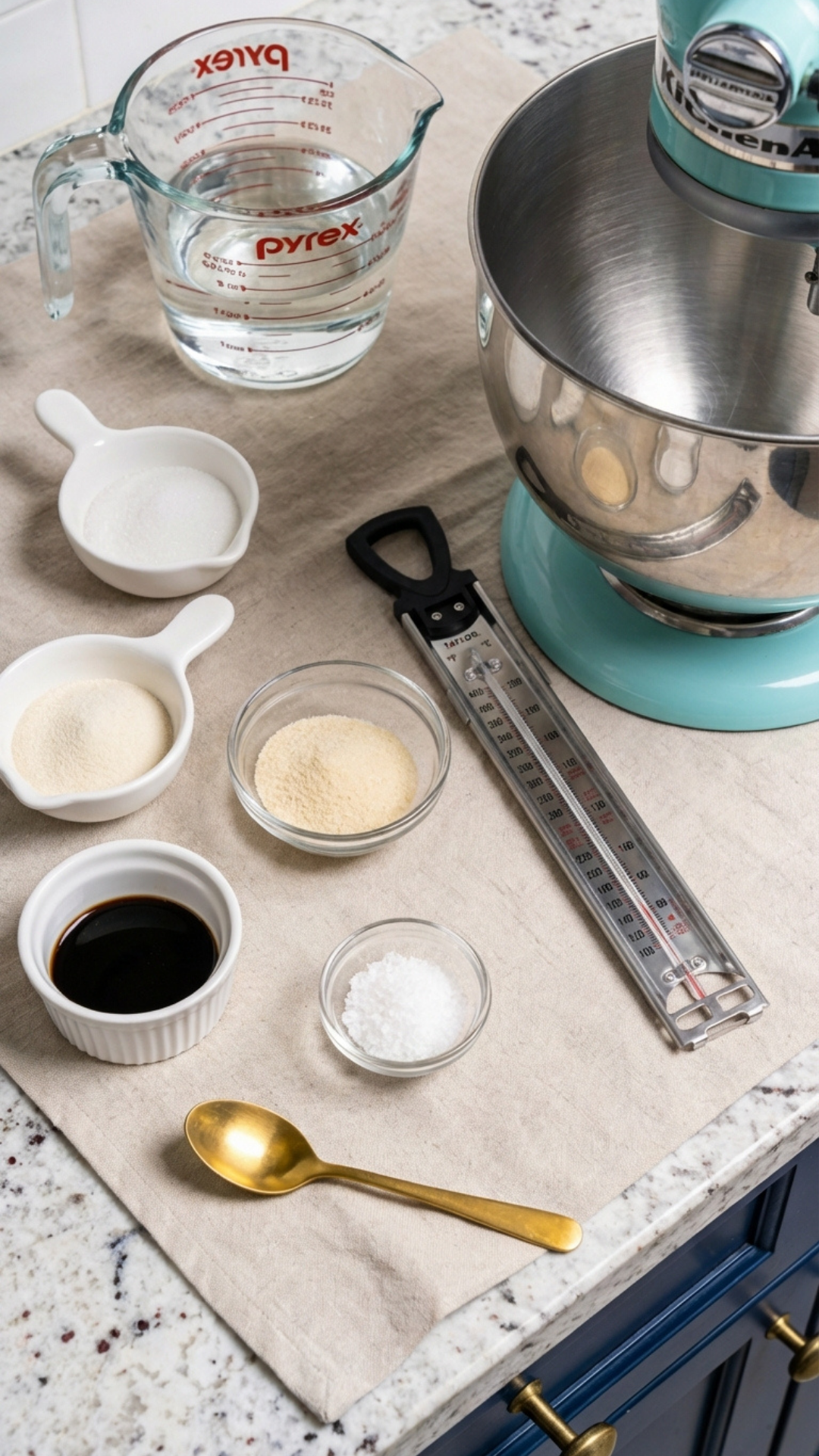 Measured ingredients for sugar-free marshmallows arranged on a kitchen counter with mixing tools and thermometer.
