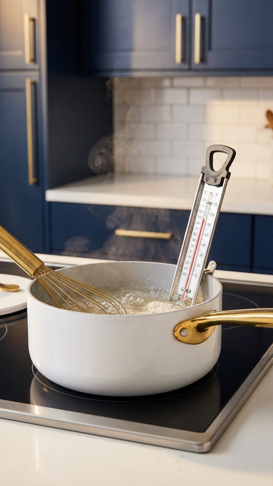 Low-glycemic syrup simmering in a saucepan with a candy thermometer in a modern kitchen.