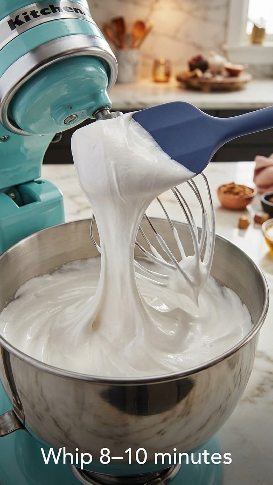 Glossy marshmallow mixture stretching from a spatula inside a mixing bowl.