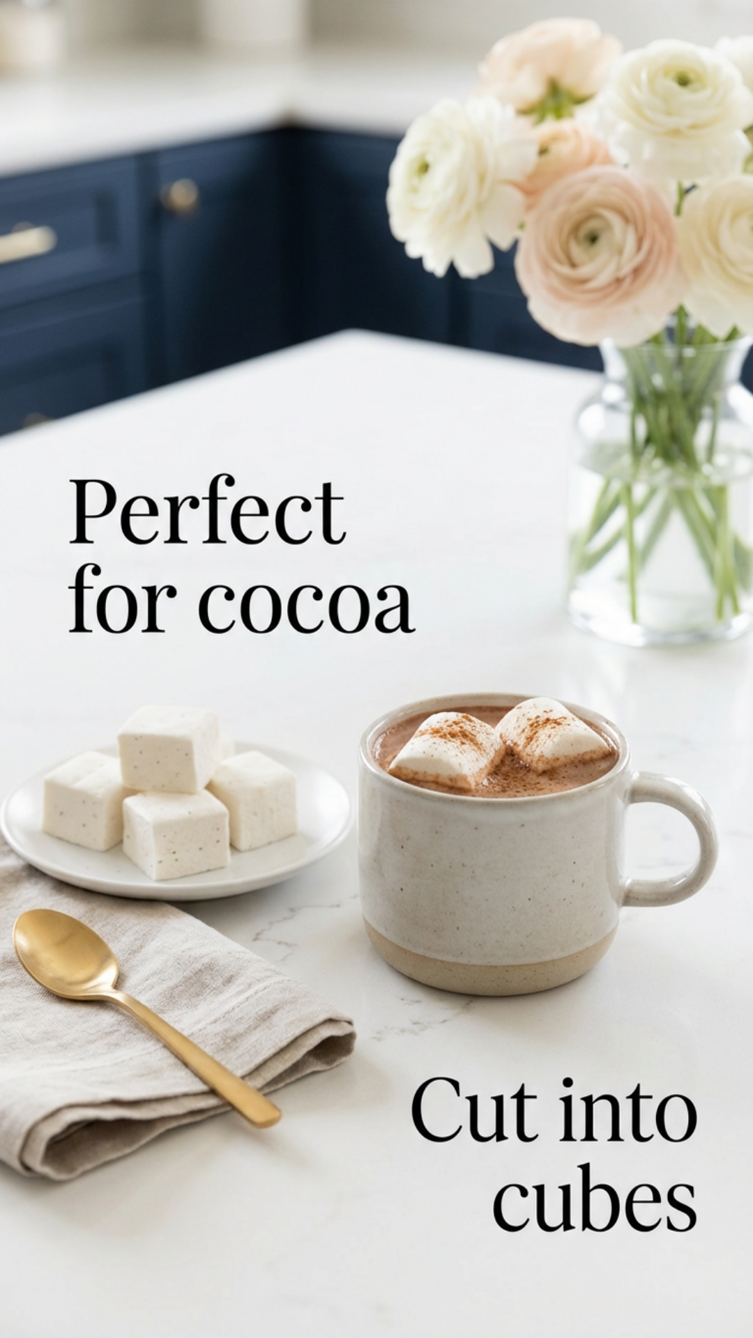 Mug of hot cocoa topped with sugar-free marshmallows on a kitchen counter.