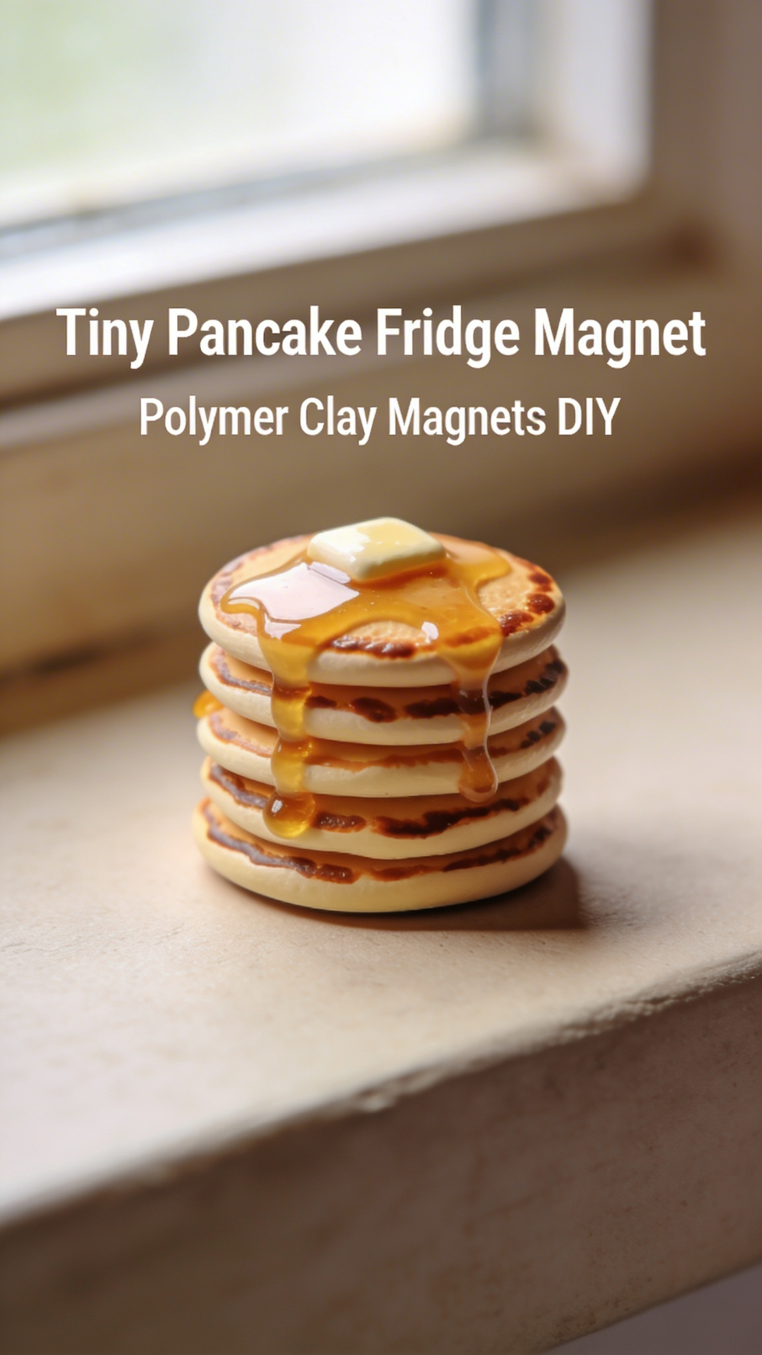 Mini pancake stack magnet made from polymer clay with glossy syrup and butter on top.