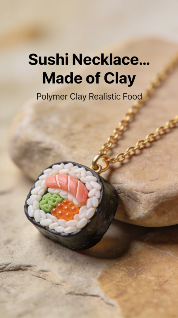 Mini sushi roll pendant made from polymer clay with realistic rice and salmon detail.