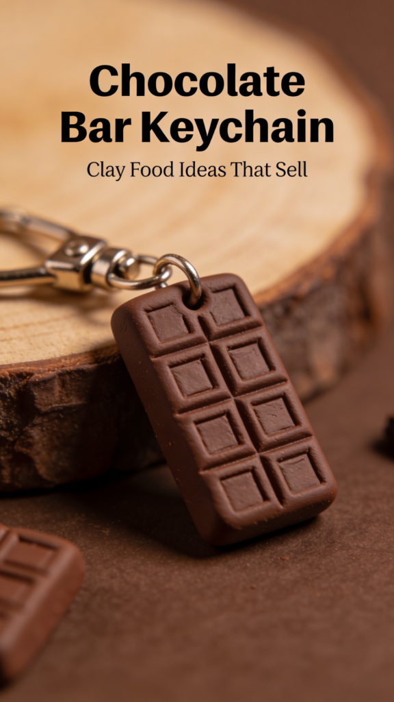 Mini chocolate bar keychain made from polymer clay resting on a wooden surface.