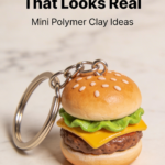 Realistic miniature burger keychain made from polymer clay with bun, lettuce, cheese and patty detail.