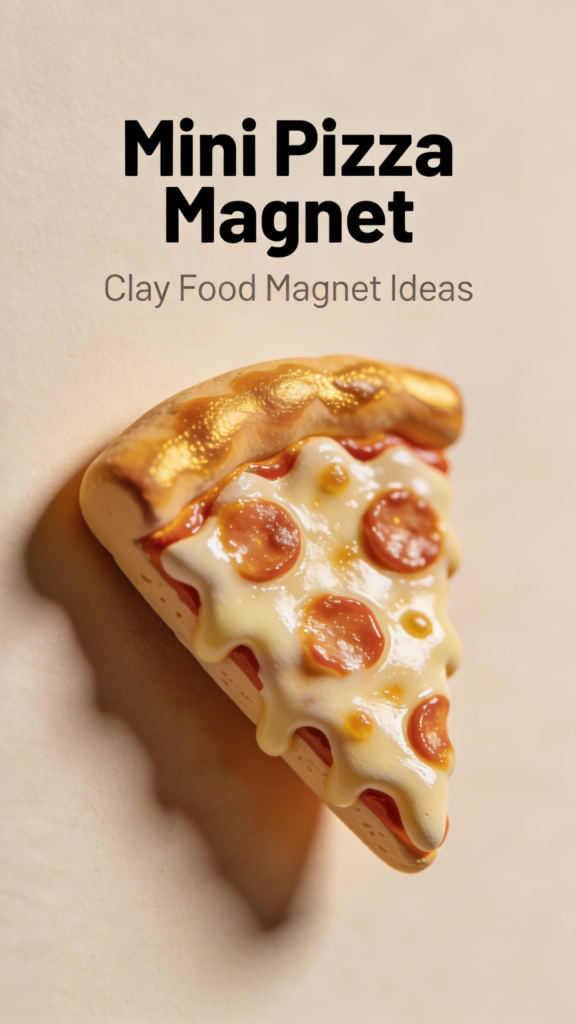 Mini pepperoni pizza slice magnet made from polymer clay with glossy melted cheese detail.