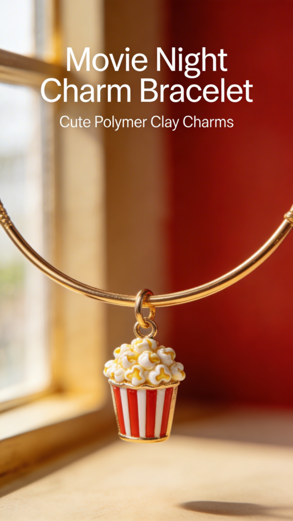 Gold bracelet with miniature popcorn bucket charm made from polymer clay.