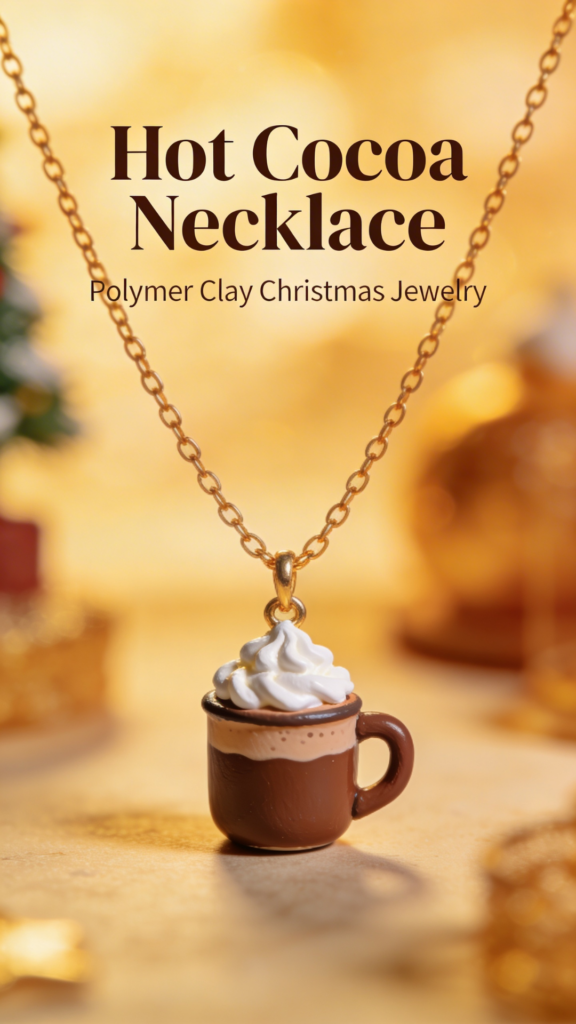 Mini hot cocoa mug necklace made from polymer clay with whipped cream detail on a gold chain, styled in warm cozy lighting.