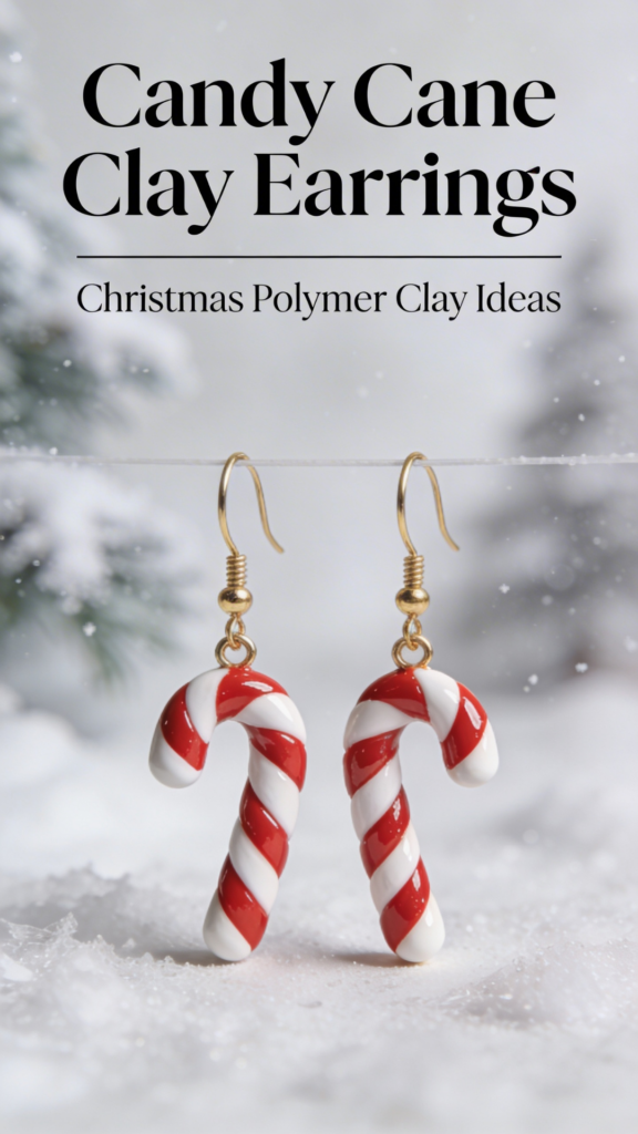 Red and white candy cane earrings made from polymer clay with gold hooks on a winter background.