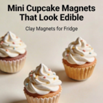 Small realistic cupcake magnets made from polymer clay with white frosting and colorful sprinkles.
