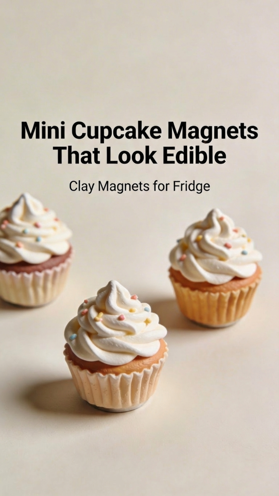 Small realistic cupcake magnets made from polymer clay with white frosting and colorful sprinkles.