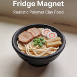 Ultra realistic mini ramen bowl made from polymer clay with noodles, pork slices and green onions, styled as a fridge magnet.