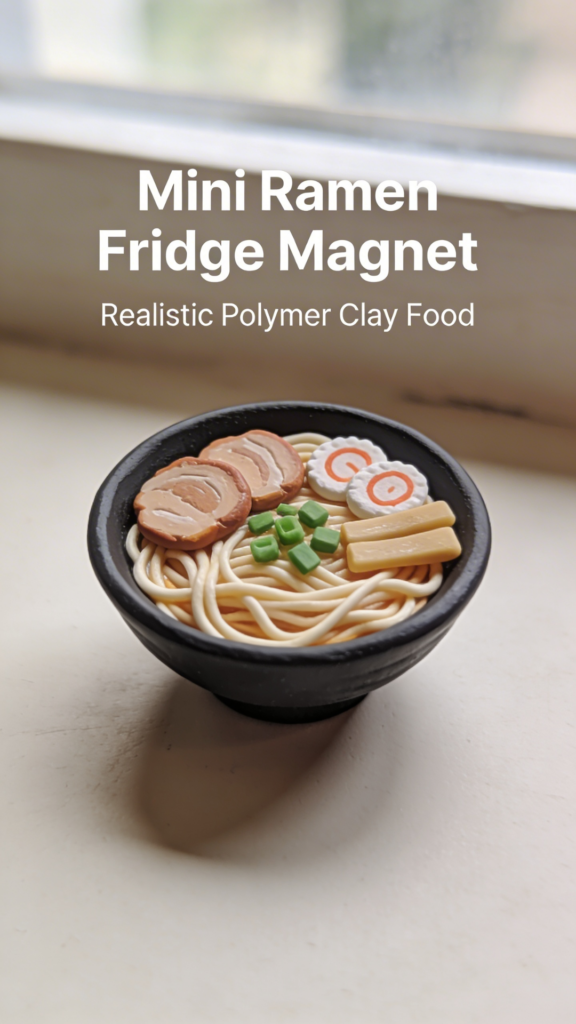 Ultra realistic mini ramen bowl made from polymer clay with noodles, pork slices and green onions, styled as a fridge magnet.