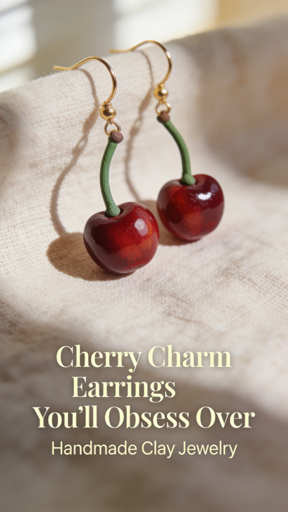 Mini cherry earrings made from polymer clay with shiny red finish and green stems.