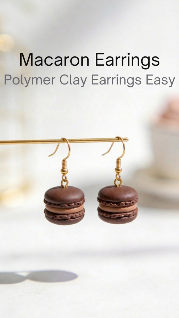 Mini pastel macaron earrings made from polymer clay with gold hooks, styled in soft natural light.