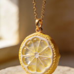 Mini lemon slice pendant made from polymer clay with translucent citrus detail on gold chain