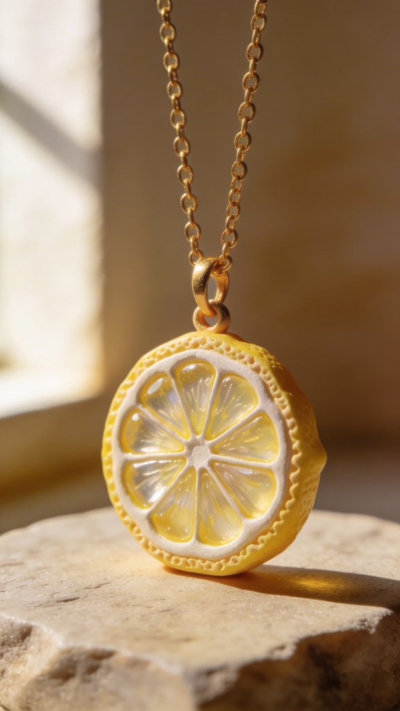 Mini lemon slice pendant made from polymer clay with translucent citrus detail on gold chain