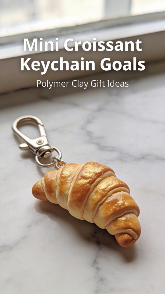 Mini croissant keychain made from polymer clay with golden flaky texture.