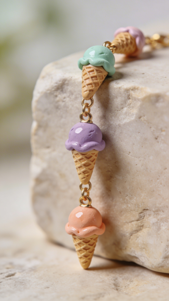 Gold bracelet featuring miniature pastel ice cream cone charms made from polymer clay.