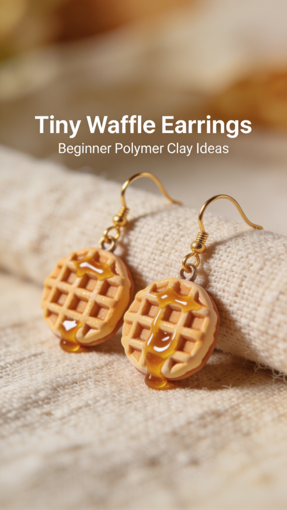 Mini waffle earrings made from polymer clay with glossy syrup detail and gold hooks.