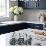 Clay cutters and cut clay shapes arranged on a white countertop with a rolling pin and small round magnets in a dark blue kitchen.