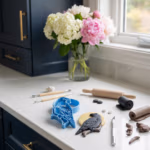 Polymer clay tools and a blue clay cutter next to a raven clay shape on a white countertop in a dark blue kitchen.