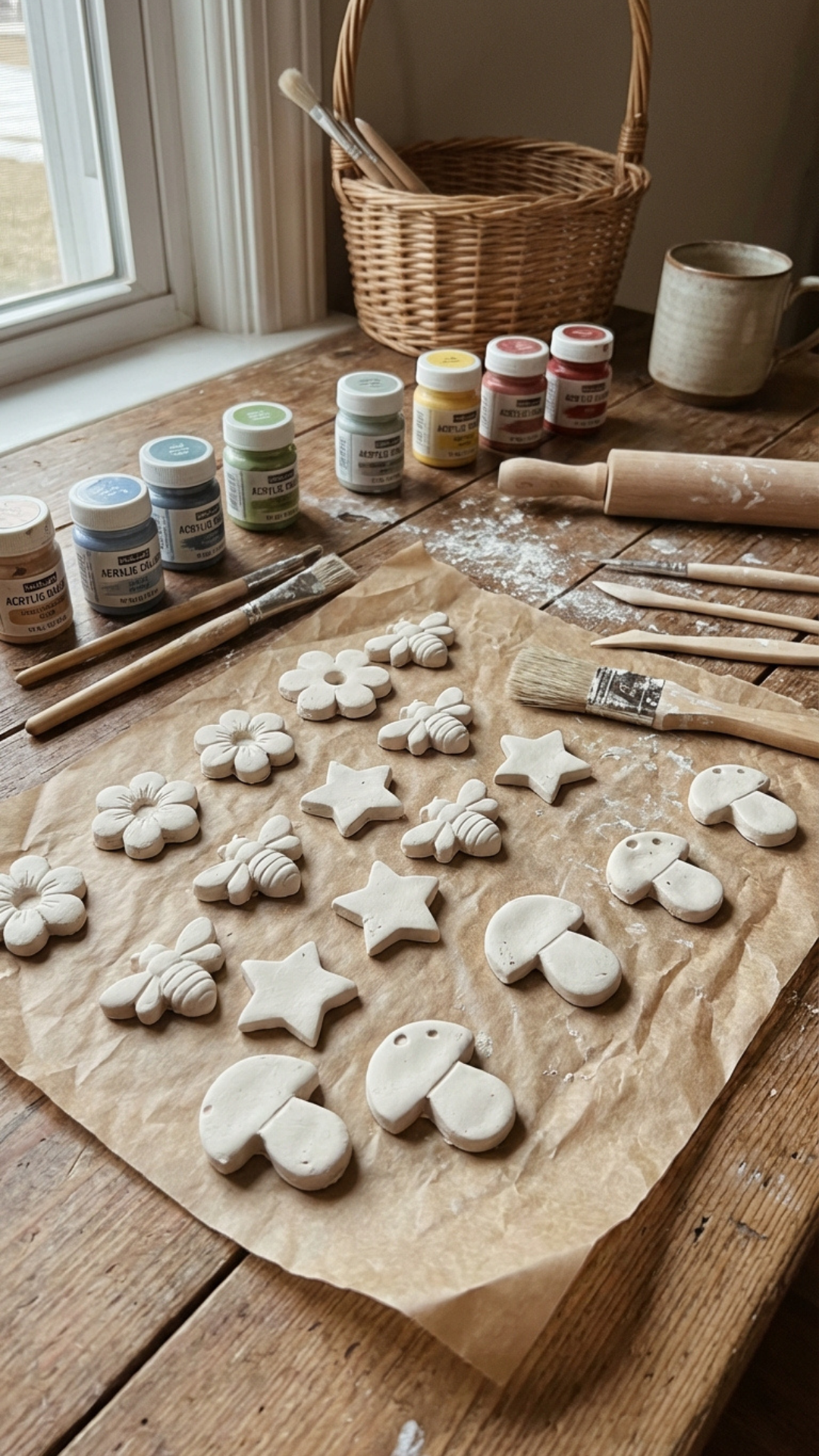 Unpainted clay magnets on parchment paper beside acrylic paint jars, brushes, and clay tools on a wooden table near a window